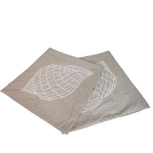 Square Pillow Covers 20" Beige Linen Blend Beaded Conch Shell Front Set of 2